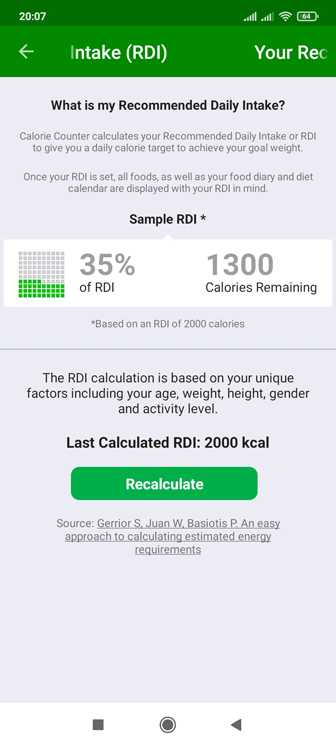 Capture d'écran 1 : Le compteur de calories calcule le RSK
